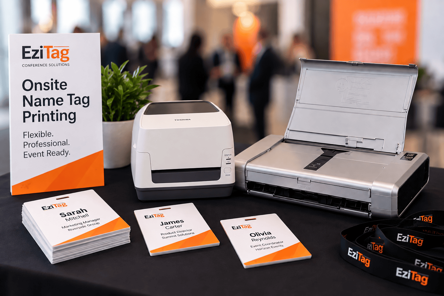 Onsite printer setup with a laptop at registration